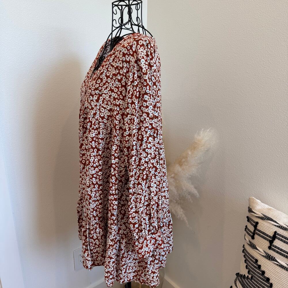 VICI Flawless Ditsy Floral Long Cuffed Sleeve Babydoll Dress Red Brown Medium - Picture 4 of 10